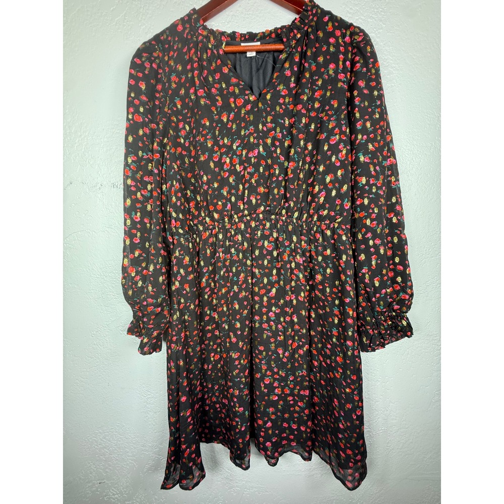 J.Crew Floral Fil Coupe Metallic Ruffle V-Neck Mini Dress Black Red Gold 10